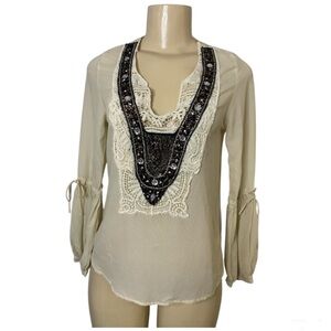 Leyendecker Silk Crochet Beaded Cottage Grunge Cream Blouse Size XS/Small